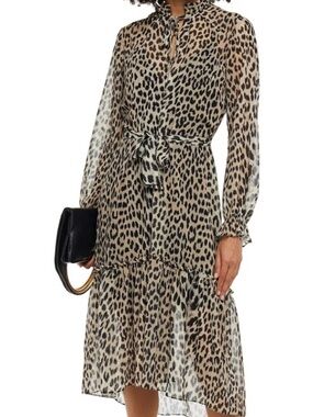 Maje belted ruffle leopard cheetah animal print midi dress